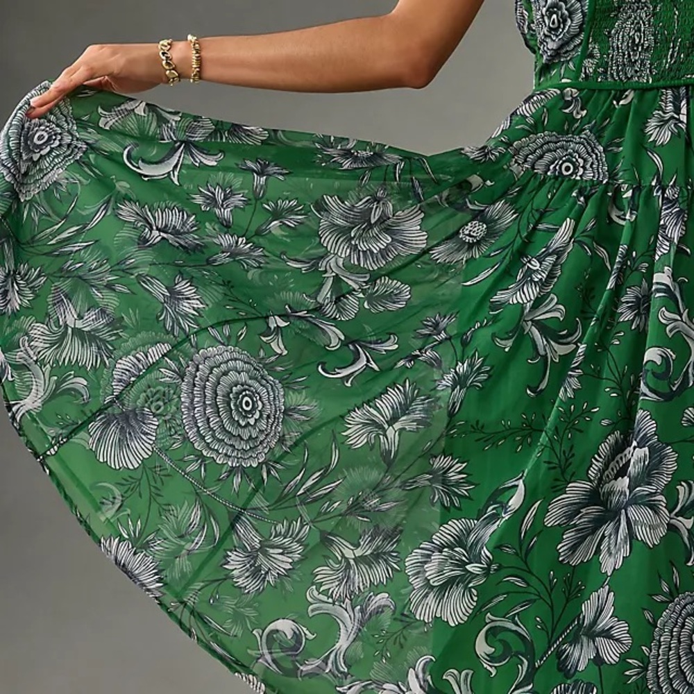Anthropologie Green and White Floral V Neck Halter Midi Dress - Picture 3 of 10